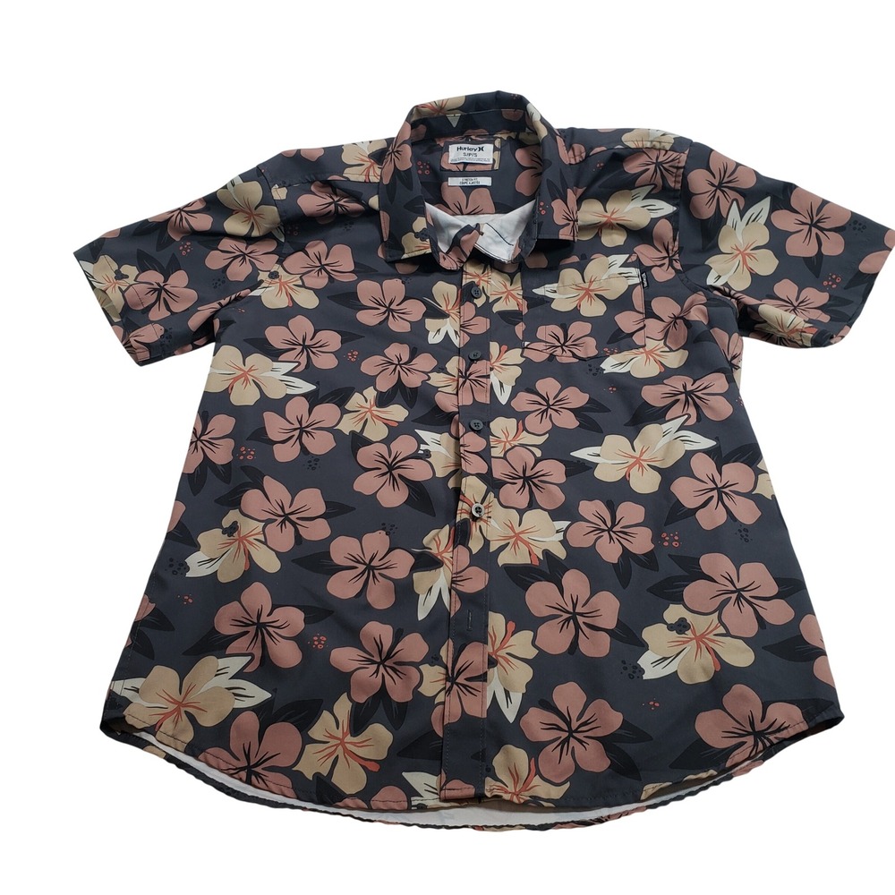 Hurley‎ Mens Floral Hibiscus Button Down Shirt Size S Grey Pink HSP24VMT-08901